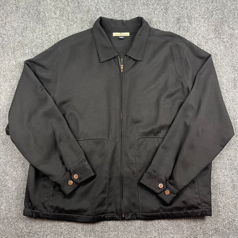 Tommy Bahama Men Black 100% Silk Full Zip Harrington Jacket Large Windbreaker